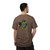 Back of the Hello Coffee in C++ tee — Bert the gecko in sunglasses and a cap, sitting in a camp chair coding on a laptop with a mug of coffee on a side table beside him — Coo Coo's Coffee programmer tee.
