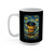 A melting cup dripping through a swirling starlit sky, wrapped around a full 15oz mug — the painting on one side, its gold museum placard on the other. Left handle
