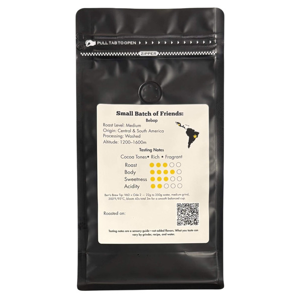 Bebop coffee back label—roast date panel, tasting note dots, brew tip and QR code on 12oz Coo Coo’s Coffee bag