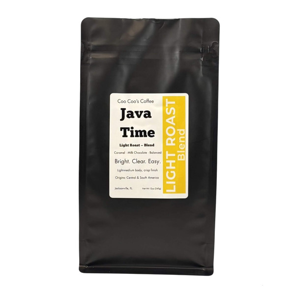 Coo Coo’s Coffee Java Time light roast blend—caramel and milk-chocolate notes, 12oz black bag with golden LIGHT ROAST strip Coo Coo’s Coffee Java Time light roast blend—caramel and milk-chocolate notes, 12oz black bag with golden LIGHT ROAST strip