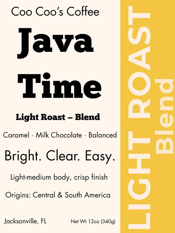 Java Time light roast coffee label with yellow light roast banner and tagline Bright. Clear. Easy.