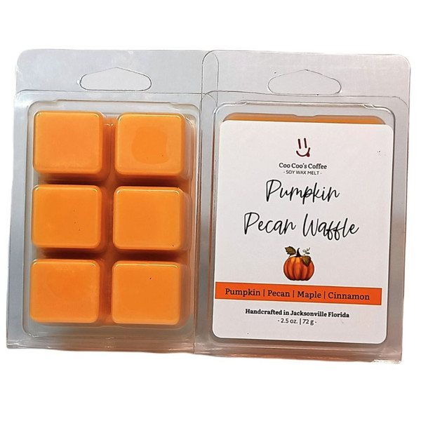 "Pumpkin Pecan Waffle Wax Melt by Candles by Christie – 6-pack orange soy wax cubes in clamshell packaging, warm pumpkin, pecan, maple, and cinnamon fragrance."