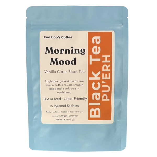 Morning Mood organic tea packaging showcasing blend of Pu’erh, black tea, orange peel, and vanilla creme flavoring.