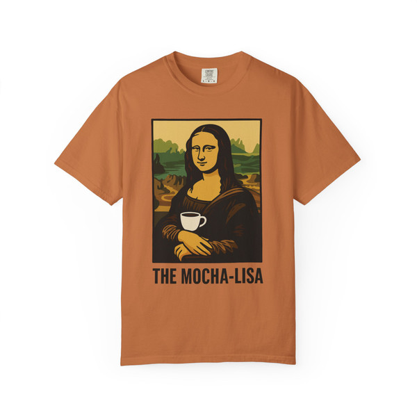 Mocha Lisa Coffee Art Tee in Yam, bold warm tone with coffee-inspired Mona Lisa print, unisex style by Coo Coo’s Coffee.