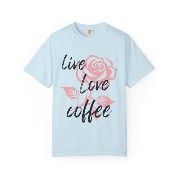 Petal & Pour – Rose Roast Tee in chambray blue, with a delicate rose graphic and stylish coffee mantra for everyday wear.