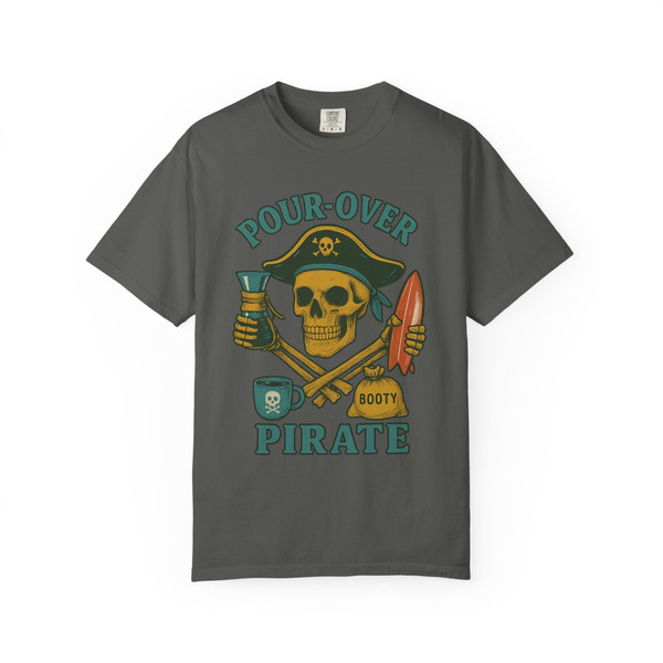 Pour-Over Pirate Tee in Pepper – Dark pirate coffee design featuring skull, pour-over gear, and surf vibes by Coo Coo’s Coffee.