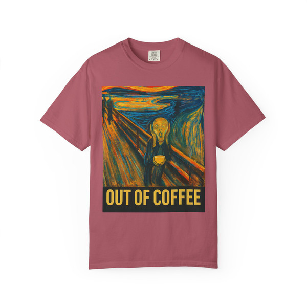 Crimson "Out of Coffee" Tee by Coo Coo’s Coffee – Vibrant red coffee panic shirt with expressive art design, unisex casual tee