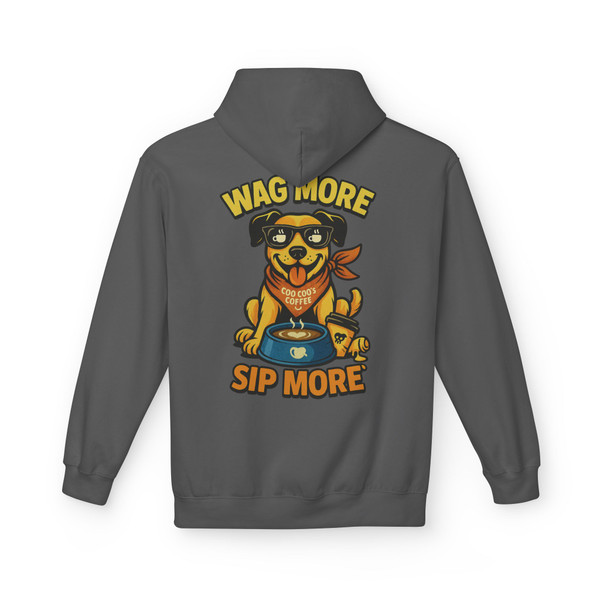 Charcoal hoodie with bold “Wag More, Sip More” Coffee Pup graphic by Coo Coo’s Coffee, casual hoodie with coffee dog artwork for coffee lovers.