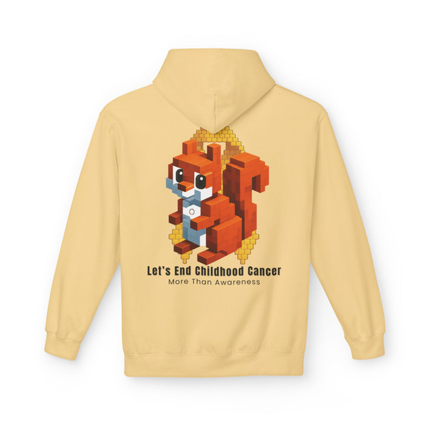 Yellow Haze “Let’s Be the Action” Childhood Cancer Tribute Hoodie by Coo Coo’s Coffee, bright awareness apparel with pixel squirrel graphic.