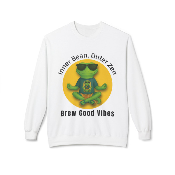 Brew Good Vibes Sweatshirt – Zen Gecko Bert meditating with coffee by Coo Coo’s Coffee White