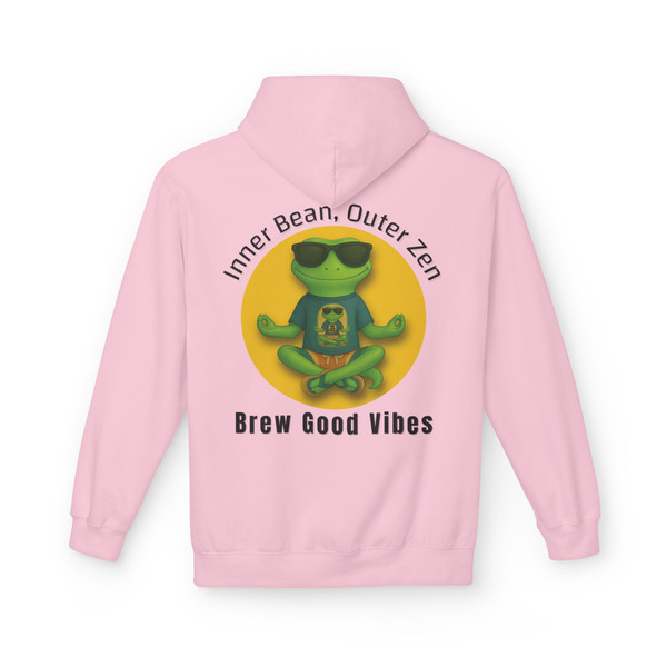 Light pink hoodie highlighting a playful zen design. Coffee-drinking gecko meditates under the phrase “Inner Bean. Outer Zen. Brew Good Vibes,” giving soft, cozy, coffee-powered vibes.
