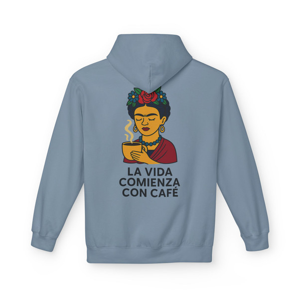 Stone Blue La Vida Con Café hoodie – artistic coffee lover sweatshirt, Frida-inspired design, cozy and bold by Coo Coo’s Coffee.