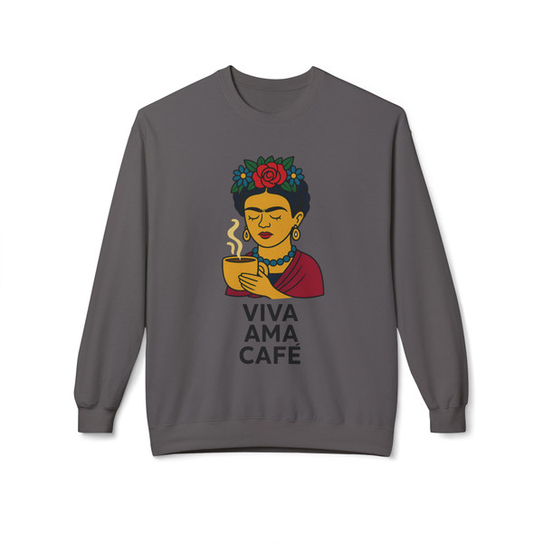 Charcoal sweatshirt featuring Viva Ama Café coffee art by Coo Coo’s Coffee, inspired by Frida with vibrant tones.