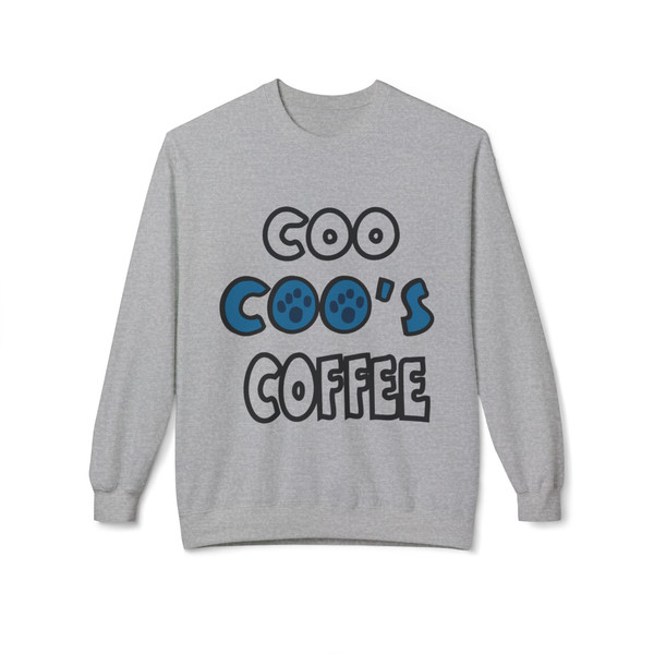 Sport Grey crewneck sweatshirt featuring the bold “Coo Coo’s Coffee” logo in black and blue paw-print lettering across the chest.