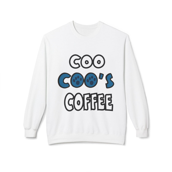 White crewneck sweatshirt featuring the bold “Coo Coo’s Coffee” logo in black and blue paw-print lettering across the chest.