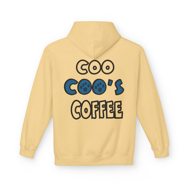 Coo Coo’s Coffee Hoodie in Yellow Haze with bold logo back print, casual fleece hoodie for coffee lovers.