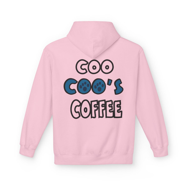 Coo Coo’s Coffee Hoodie in Light Pink with bold back logo, playful coffee shop style hoodie by Coo Coo’s Coffee.