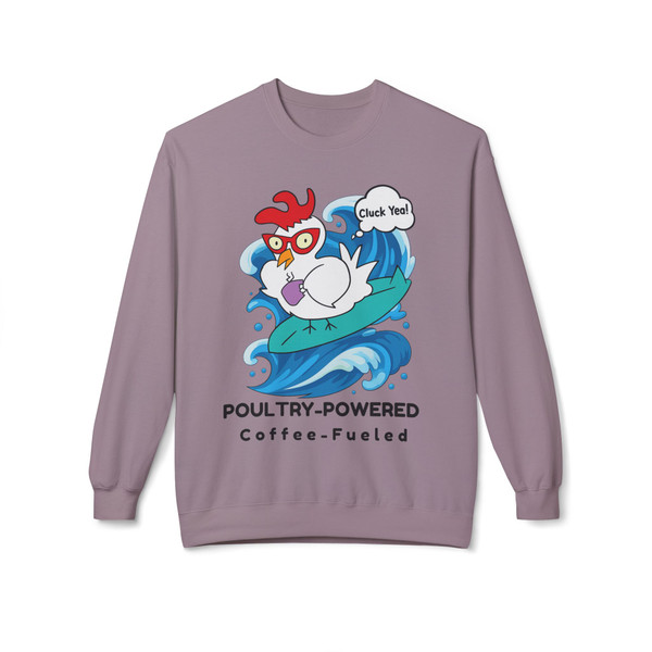 "Paragon Poultry-Powered Coffee-Fueled Sweatshirt – Cluck Yeah Edition by Coo Coo’s Coffee. Bold and quirky surf chicken design for coffee drinkers."