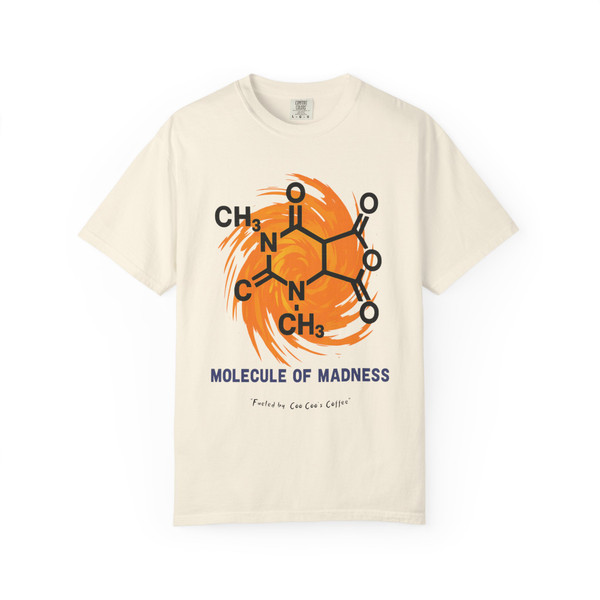 Ivory Molecule of Madness – Caffeine Chaos Tee by Coo Coo’s Coffee featuring bold caffeine molecule design with orange swirl graphic.