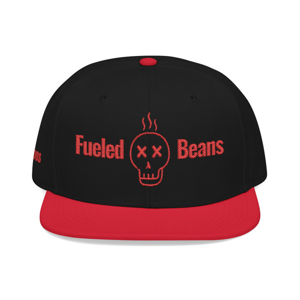 Red/Black/Black snapback hat with striking Fueled by Beans skull embroidery – bold coffee streetwear by Coo Coo’s Coffee.