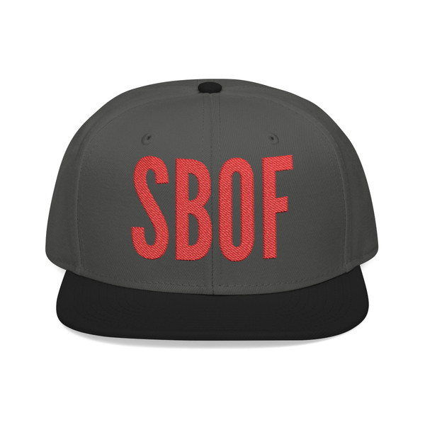 black snapback hat with red SBOF embroidery – bold coffee streetwear hat by Coo Coo’s Coffee