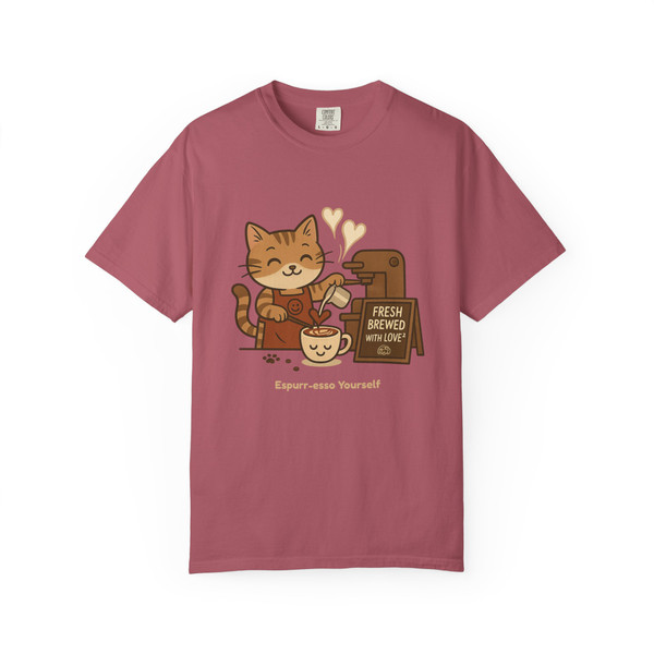 Expurr-esso Yourself Tee in Crimson – Deep crimson red espresso lover’s shirt with cheerful cat coffee design and playful café artwork. Coo Coo’s Coffee Small Batch of Friends style.