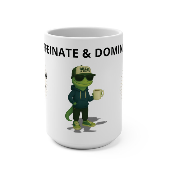 Brew Boss 15oz coffee mug with Bert in a hoodie holding a cup under the words Caffeinate & Dominate