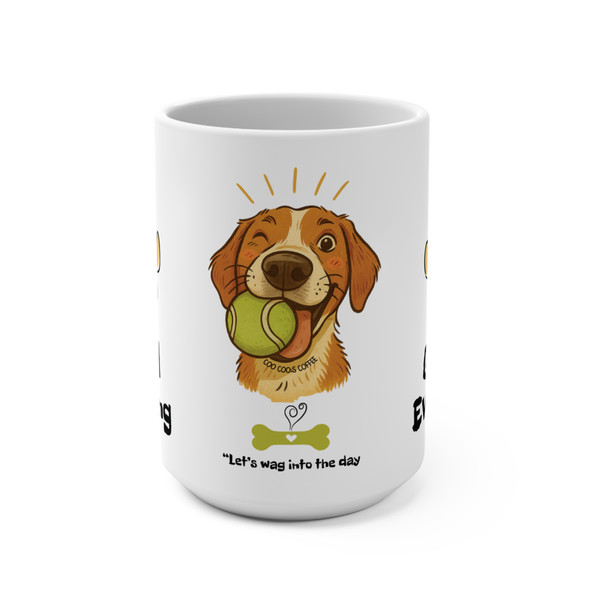 White ceramic mug featuring a winking golden retriever illustration holding a tennis ball, with the words "Let’s wag into the day" and paw print accents – Coo Coo’s Coffee.