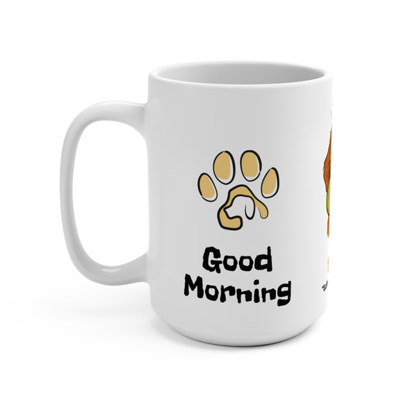 White 15oz ceramic mug with the phrase "Good Evening" beside a paw print design, part of the Wag More, Sip More dog lover collection by Coo Coo’s Coffee.