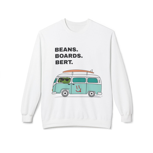 White crewneck sweatshirt featuring Bert the gecko driving a retro turquoise surf van with a surfboard on top. Text reads "Beans. Boards. Bert." – Coo Coo’s Coffee.