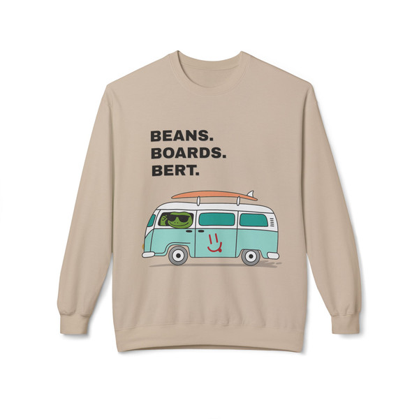 Sand crewneck sweatshirt with surf van graphic and “Beans. Boards. Bert.” slogan – beachy coffee lifestyle apparel by Coo Coo’s Coffee.