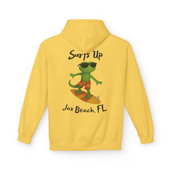 "Bright yellow 'Daisy' hoodie showing Bert surfing with sunglasses and 'Surf’s Up – Jax Beach, FL' text, Coo Coo’s Coffee surf hoodie."