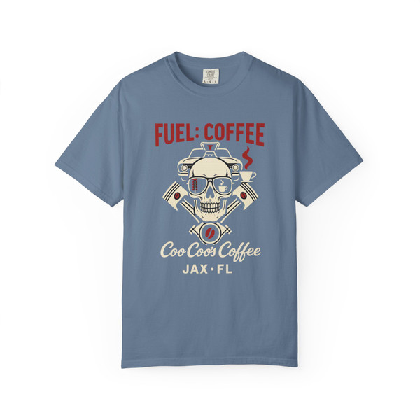 “Pit Crew Brew JAX Engine Skull Tee by Coo Coo’s Coffee in graphite grey — hot rod skull artwork with red coffee accents, high-octane streetwear vibe.”