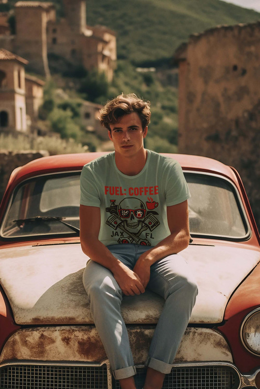 Man sitting on the hood of a red vintage car wearing the Fuel & Coffee – JAX Skull Crew Tee in light aqua by Coo Coo’s Coffee.