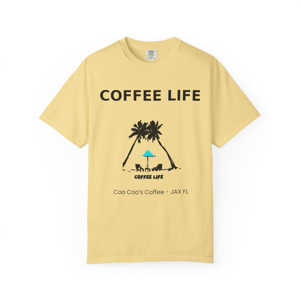 Coffee Life JAX Beach Brew Tee in butter yellow with palm tree and beach chair design by Coo Coo’s Coffee.
