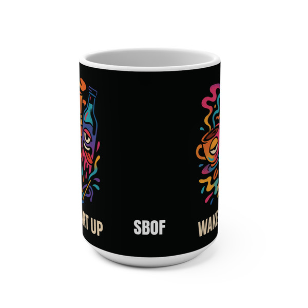 Mug reverse showing SBOF text on black wrap — 15oz ceramic — Coo Coo’s Coffee