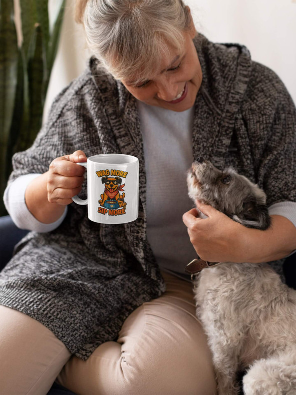 Older woman cuddling a small dog while holding a Wag More Sip More coffee mug