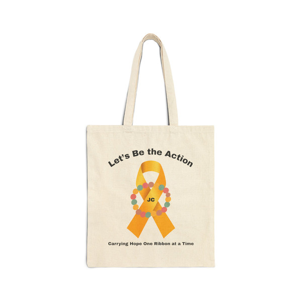 Let’s Be the Action – Jaxen Gold Ribbon canvas tote — bravery-bead wreath and gold ribbon graphic — 15×16 inch — Coo Coo’s Coffee