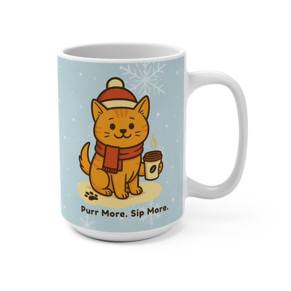 Holiday cat coffee mug with orange kitty in hat and scarf holding a coffee cup on a snowy blue background – text reads “Purr More. Sip More.”
