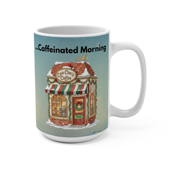 Coo Coo’s Coffee “Silent Night, Caffeinated Morning” 15oz holiday mug showing the cozy coffee shop at night with stars in the sky.