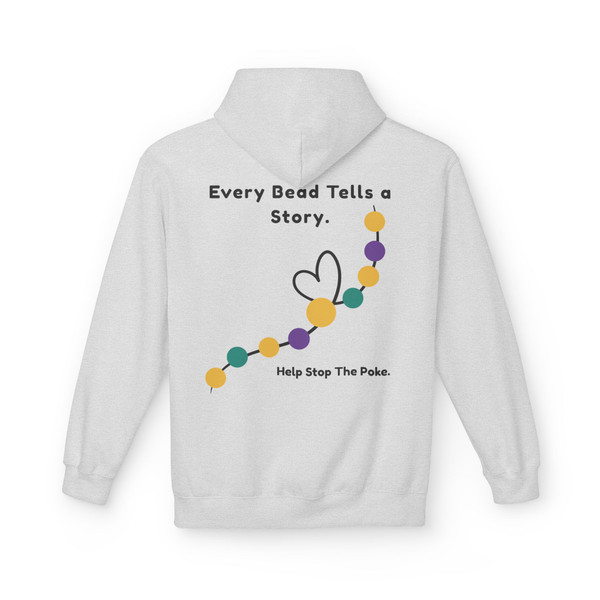 Every Bead Tells a Story – Help Stop The Poke bravery bead design on back of white unisex hoodie.