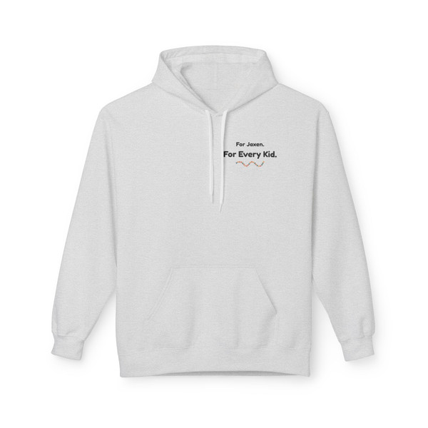 For Jaxen. For Every Kid. text with small bead wave on front of white unisex hoodie.