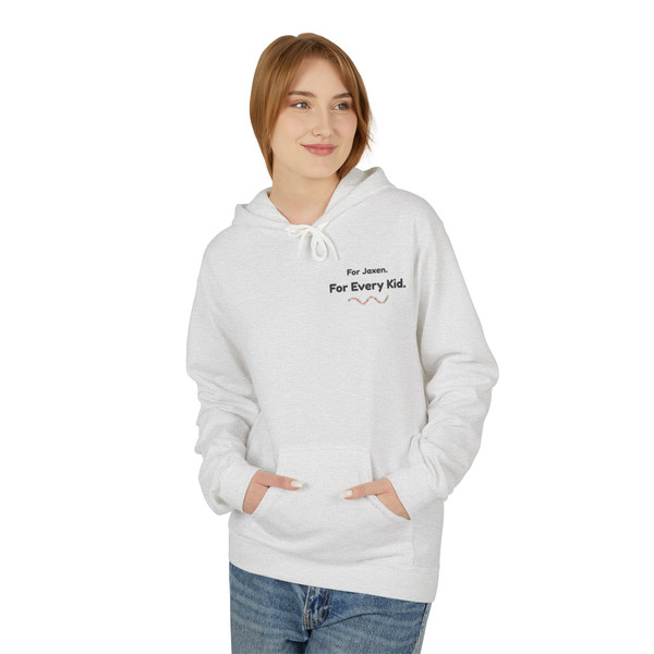 Person wearing Every Bead Tells a Story childhood cancer awareness hoodie, front chest print