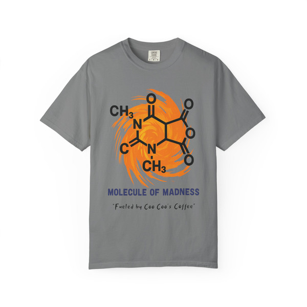 Molecule of Madness coffee chemistry t-shirt in grey with big high-contrast graphic and Coo Coo’s Coffee text