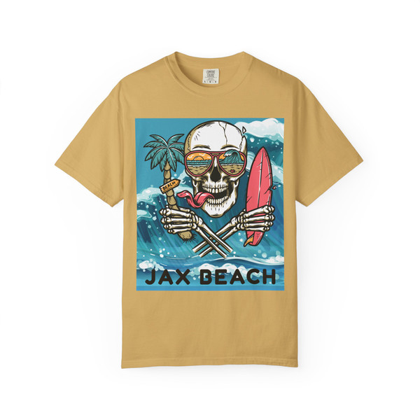Jax Beach Surf Skull graphic tee in mustard color by Coo Coo’s Coffee