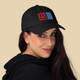 Happy face, tiles, red and blue
black dad hat