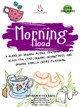 Label design for Morning Mood tea, featuring playful doodles of teacups, orange peel, and vanilla creme with bold purple header text.