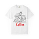Black barista sketch t-shirt with red “Coffee” text – Brew Like You Mean It design by Coo Coo’s Coffee. White front print