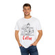 Black barista sketch t-shirt with red “Coffee” text – Brew Like You Mean It design by Coo Coo’s Coffee