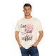 Petal & Pour tee shirt featuring pink rose graphic and live love coffee script – Coo Coo’s Coffee women’s floral brew shirt